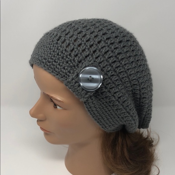 Gray slouchy beanie hat 20 - 22 inches stretchy New hand crochet by me - Picture 1 of 8